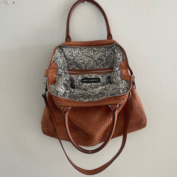 Rebecca Minkoff Bonnie Box Woven Almond Brown Leather Satchel Shoulder Bag - Picture 2 of 15